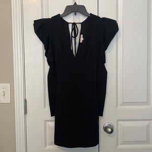 Black fitted mini dress with long sleeves